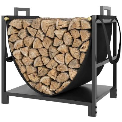 Outsunny 19 Inch Firewood Rack with Carrier, 110 lb Heavy Duty Steel Log Store Indoors, Fireplace Log Storage Holder, Black