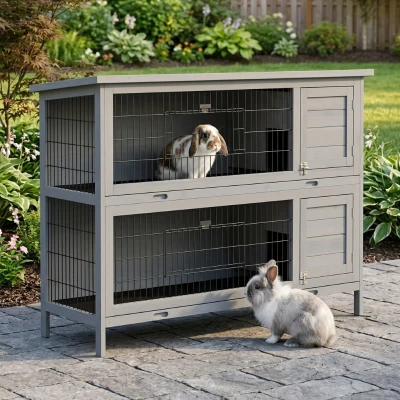 PawHut 54" 2-Story Rabbit Hutch, Wooden Pet House, Gray