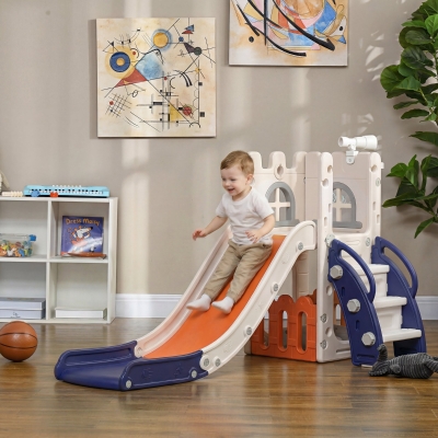 Qaba 5 in 1 Toddler Slide with Basketball Hoop, Climber, Telescope, Storage Basket, for 1-3 Years Kids Indoor Use, Orange