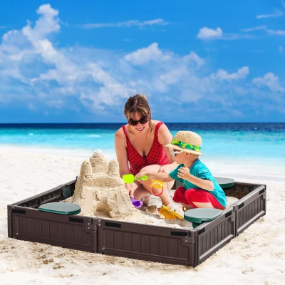 Outsunny Kids Square Sandbox with Cover, 48.5" x 48.5", Brown