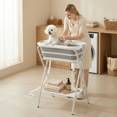 PawHut Elevated Dog Bath Tub with Hose & Shelf, Foldable, Gray
