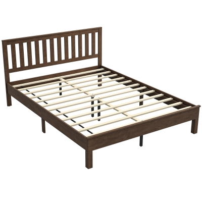 HOMCOM Queen Bed Frame, Mid-Century Modern Wood Platform, Walnut
