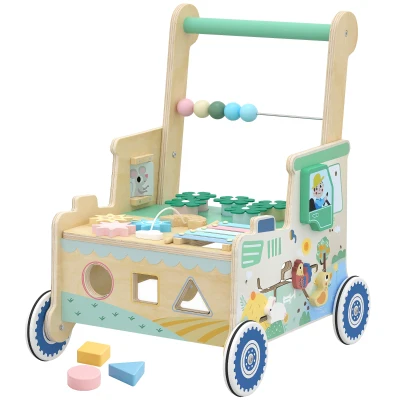 Qaba Wooden Baby Walker for 1-3 Year, Montessori Inspired Push Along Walker Toys, Multifunctional Activity Centre