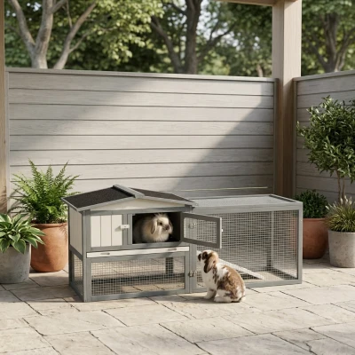 PawHut Large Rabbit Cage 61" Outdoor Hutch with Run, White