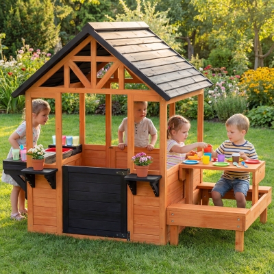 Qaba Wooden Playhouse Playhouse for Kids with Table, Benches, Sink Table, Windows, Flowerpot Holders, for Ages 3-8, Brown