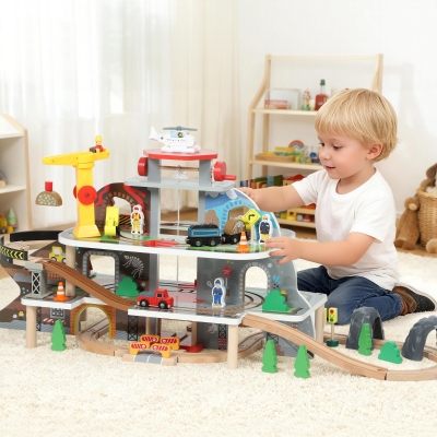 Qaba 79Pcs Wooden Train Set Mine Themed with Crane, Helicopter, Track & Accessories, for Boys & Girls 3+ Years Old