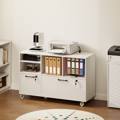 HOMCOM File Cabinet, 2 Drawer Mobile Lateral Filing Cabinet Printer Stand with Lock, Charging Station, Hanging Bars, White