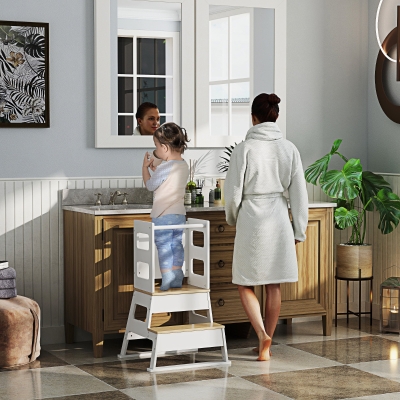 Qaba 2 in 1 Toddler Tower Kitchen Helper w/ Chalkboard, Safety Rail, for Counter, Bathroom, Sink, Kitchen, White