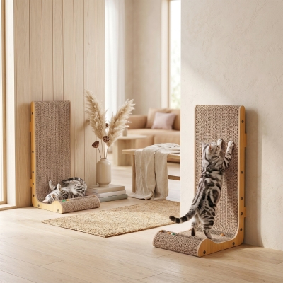 PawHut 2PCS Cat Scratching Board L Shape Cat Scratcher Cat Scratching Pad with 3 Toy Balls, Catnip