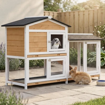 PawHut 62" Wooden Rabbit Hutch with Run Area, Nature Wood