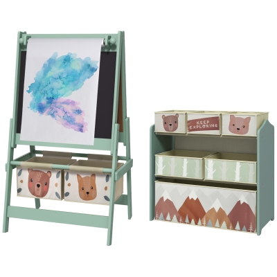 Qaba Kids Toy Organizer & Easel Set with 6 Storage Bins, Green