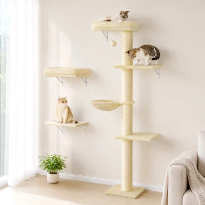 PawHut 3-in-1 Cat Wall Shelves Set with Scratching Post, Beige