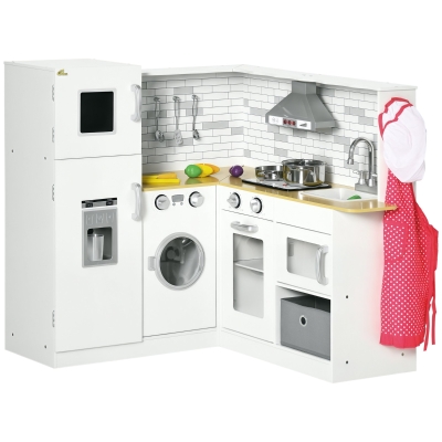 Qaba Wooden Corner Play Kitchen Set, Large with Sound Effects, White