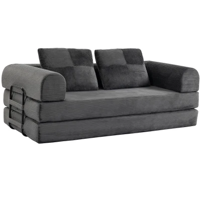 HOMCOM 5-in-1 Convertible Sofa Bed, L-Shaped Loveseat Reversible Sleeper Sofa with 2 Pillows, Dark Grey