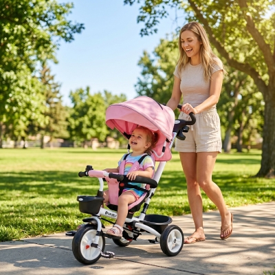 Qaba 6 in 1 Toddler Tricycle with Parent Push Handle, Canopy, Storage Baskets, Cupholder, Pink