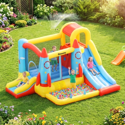 Outsunny Bounce Castle Inflatable Trampoline Slide Pool Rocket Design 11.14' x 9.18' x 6.06'