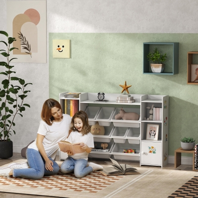 Qaba Kids Toy Organizers and Storage with 8 Removable Storage Bins and Bookshelf, White