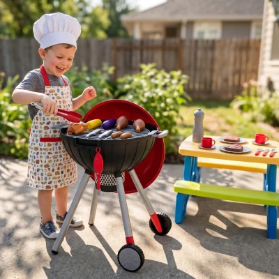 Qaba Kids Kitchen Playset, 40PCS BBQ Grill with Lights & Sounds, Red