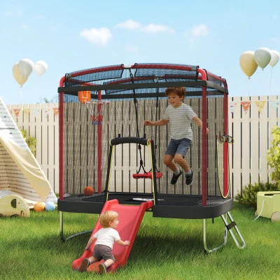 Qaba 4 x 6FT Kids Trampoline with Slide, Swing & Hoop, Red