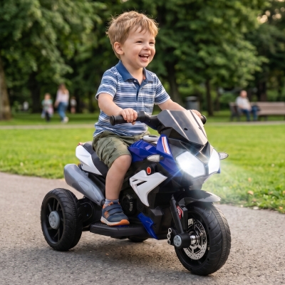 Qaba Kids Electric Motorcycle Ride-On Toy with 3 Wheels, Music, Horn, Lights, Blue