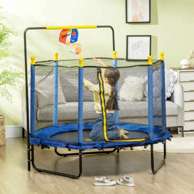 Qaba Kids Indoor Trampoline with Net & Basketball Hoop, Blue