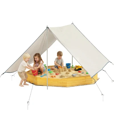 Qaba Wooden Kids Wooden Sandbox with Large Canopy, Outdoor Sand Box with 4 Bench Seats, Bottom Liner for Aged 3-8, Yellow