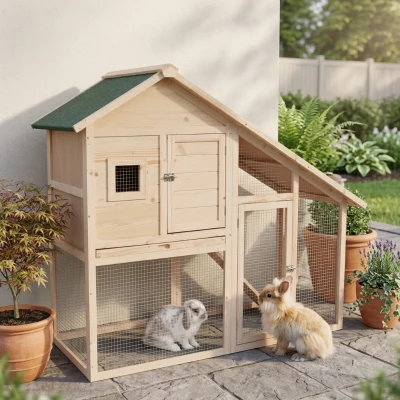 PawHut 55" 2-Tier Wooden Rabbit Hutch, Bunny Cage
