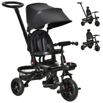 Qaba Tricycle for Toddler 5 in 1 Kids Trike, Foldable Converts Stroller to Toddler Bike, Adjustable Backrest & Curved Canopy, Detachable Guardrail & Handle for 1-5 Years Old, Black
