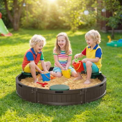 Outsunny Kids Sandbox with Cover, Seat, Sandbox Outdoor for Backyard, Brown