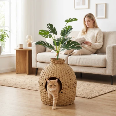 PawHut Cat Litter Box Enclosure with Faux Plant, Steel Tray, Bedroom