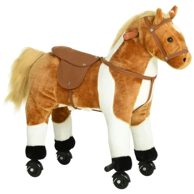 Qaba Kids Rocking Horse, Large Walking  Ride on Toy  for Toddlers 3 year old, Baby Plush Animal Rocker with Sound and Wheel, Brown