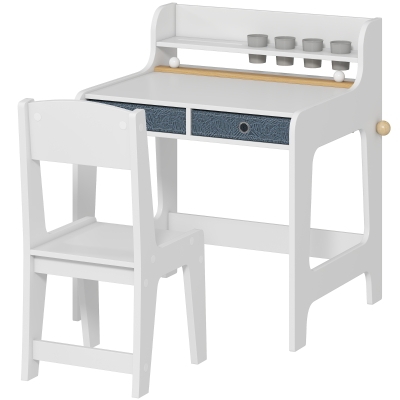 Qaba Kids Study Table and Chair Set, Art Desk and Chair Set with Storage Shelf and Drawers for 3-8 Year Old