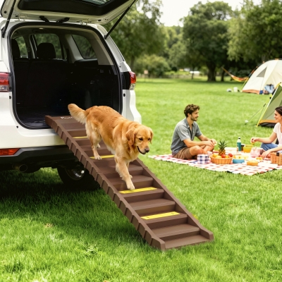 PawHut Foldable Dog Car Ramp, Dog Ramp with Anti-Slip Steps, Pet Stairs for Senior Pets to Access Cars and High Beds, Brown