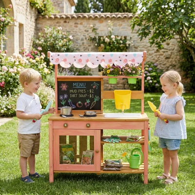 Qaba Kids Wooden Mud Kitchen with Canopy & Accessories, Pink