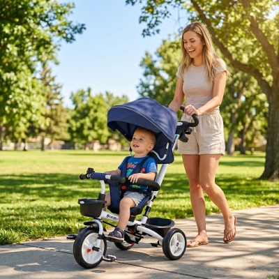 Qaba 6 in 1 Toddler Tricycle with Parent Push Handle, Canopy, Storage Baskets, Cupholder, Dark Blue