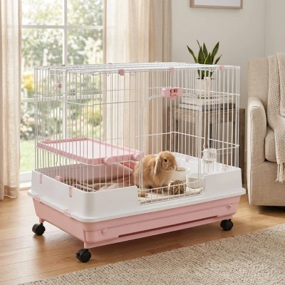 PawHut 2-Level Small Animal Cage with Wheels, Pink