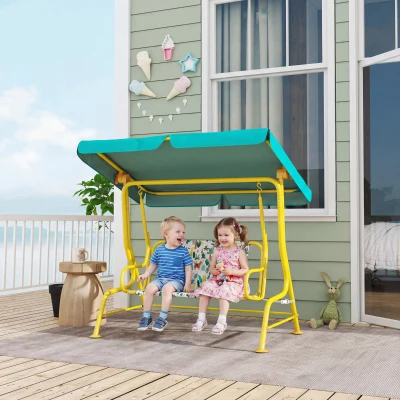 Qaba Kids 2-Seater Porch Swing with Canopy & Safety Belts, Green