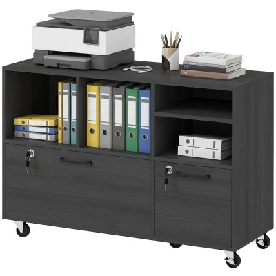HOMCOM File Cabinet, 2 Drawer Mobile Lateral Filing Cabinet Printer Stand with Lock, Charging Station, Hanging Bars, Black