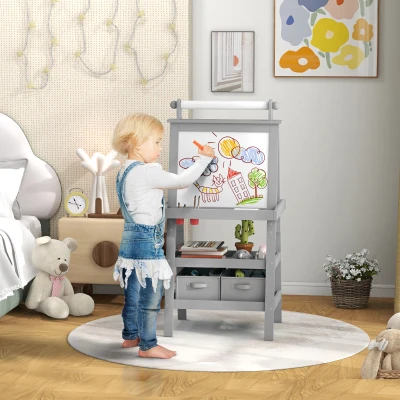 Qaba Kids Double-Sided Easel, Magnetic & Chalkboard, Gray
