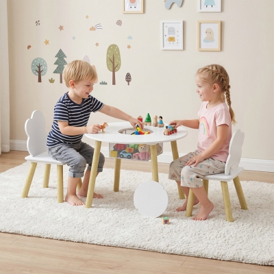 Qaba 3 Pieces Kids Table and Chair Set, Activity Table and Chair Set with Cloud-Shaped Chairs, Mesh Bag