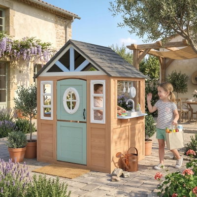 Qaba Kids Outdoor Playhouse, Wooden Cottage Play House with Pet Door, Play Kitchen, Half Door and Windows for Indoor Outdoor