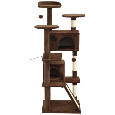 PawHut 54" Cat Tree, Multi-Level Cat Tower with Scratching Posts, Cat Condos, Bed, Platforms, Ramp, Toy Ball, Light Brown