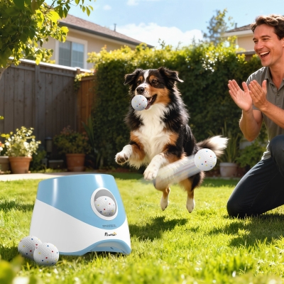 PawHut Automatic Dog Ball Launcher with 5 ETPU Balls 2.3", 3 Distance Settings 20ft, 33ft, 46ft, Blue