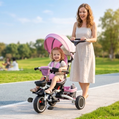 Aosom Tricycle for Toddler 6-in-1 Kids Trike, Foldable Converts Stroller to Baby Push Bike, Adjustable Backrest with Detachable Guardrail & Handle, Brake for 1-4 Years Old, Pink
