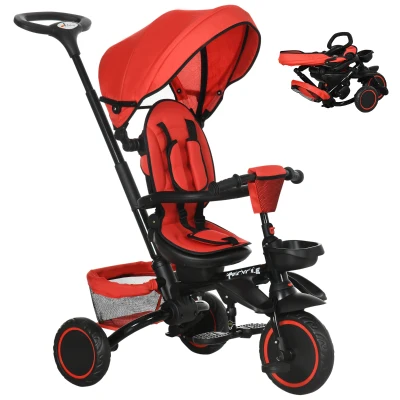 Aosom Tricycle for Toddler 6-in-1 Kids Trike, Foldable Converts Stroller to Baby Push Bike, Adjustable Backrest with Detachable Guardrail & Handle, Brake for 1-4 Years Old, Red