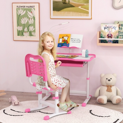 Qaba Kids Desk and Chair Set Height Adjustable Student Writing Desk Children School Study Table with Tilt Desktop, Pink