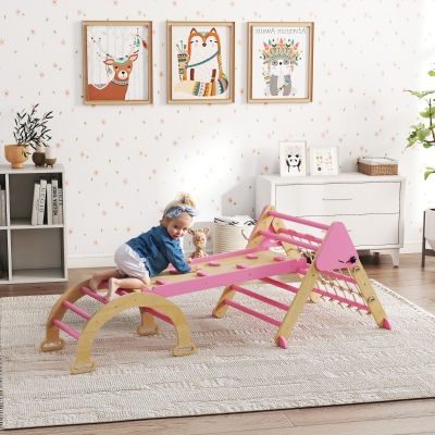 Qaba 8-in-1 Pikler Triangle Set, Foldable Wooden Climbing Toys with Arch, Ramp and Ladder for Ages 18-48 Mouths, Pink