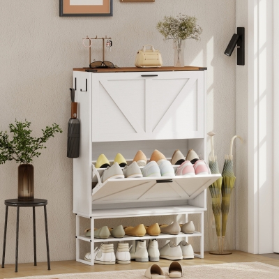 HOMCOM Narrow Shoe Storage Cabinet with 2 Flip Drawers, Slim Shoe Cabinet for 15-20 Pairs, White Wood Grain