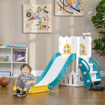 Qaba 5 in 1 Toddler Slide with Basketball Hoop, Climber, Telescope, Storage Basket, for 1-3 Years Kids Indoor Use, Yellow