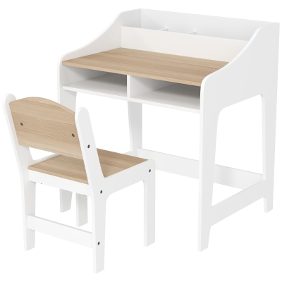 Qaba Kids Desk & Chair Set with Storage, for 3-8 Years, Natural Wood